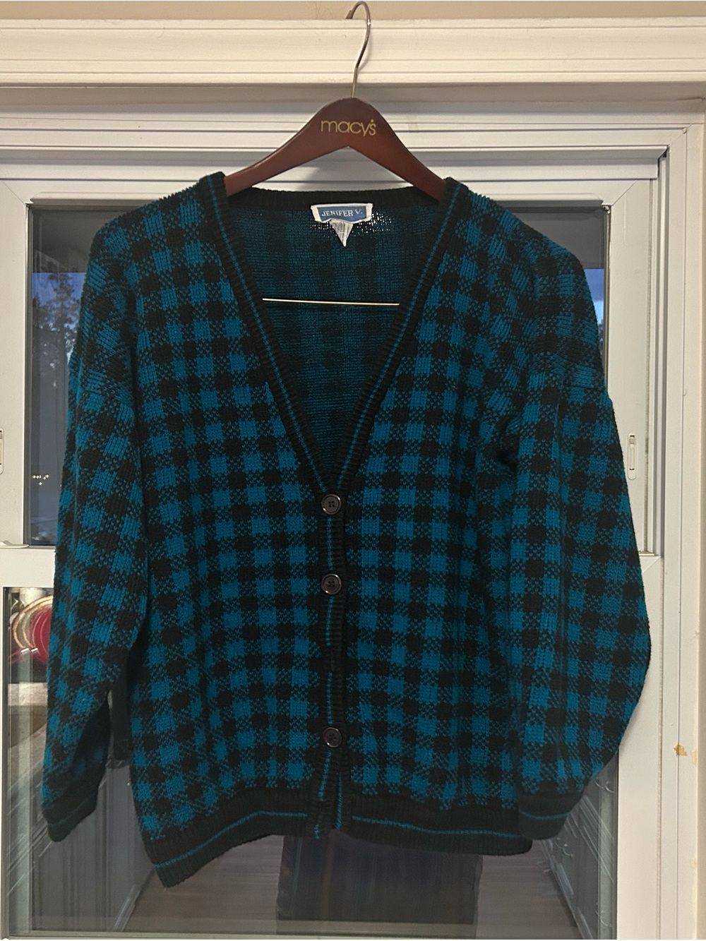 Vintage Blue and Black Checked V-Neck Cardigan Size Medium